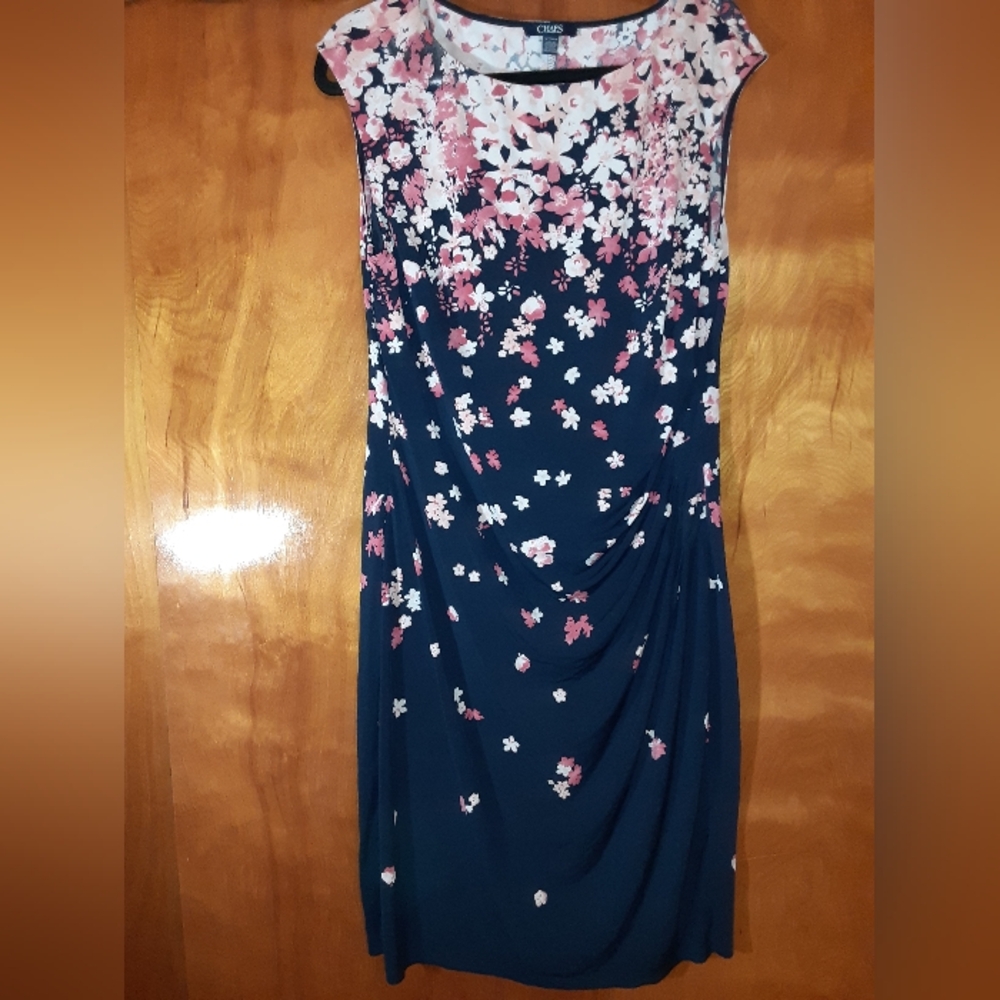 Chaps Blue Sheath Dress with Cap Sleeves and Scoop Neck for Wedding Guest